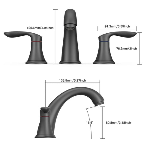 Dimensions of Matte Black Widespread Bathroom Sink Faucet 3 Hole Mount With Stainless Steel Pop Up Drain And cUPC Lead Free Hose Ceramic Valve
