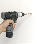 Slick Rechargeable Two Speed Electric Drill And Precision Screwdriver Combo Kit Featuring Tough High Carbon Steel Bits in hand.