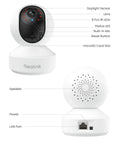 Indoor 3K Baby And Pet Monitoring Cam With Auto Tracking And 5MP Night Vision F16 Lens Cry Detection For People Pets And Babies Dual Band WiFi 2.4GHz And 5GHz Two Way Audio For Real Time Home Surveillance, showing front and back details with labels for features like lens, IR LEDs, speaker, and ports.