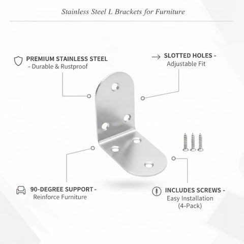Beefy Heavy Duty Stainless Steel L Brackets 90 Degree Corner Brace Set For Furniture And Shelves Stabilizes Tables Chairs Beds DIY 4 Pack