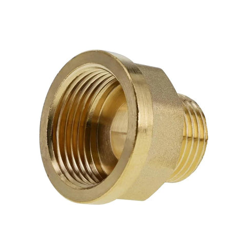 Brass pipe reducer adapter, 3/4 in NPT female to 1/2 in NPT male, front view