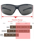 Ultra Flexible Anti Fog Wraparound Safety Glasses, 2 Pack With Clear And Smoke Lenses, Soft Touch Comfort For Lab And Workshop, ANSI Z87.1 Safety, Scratch Resistant, All Day Comfort front view showing flexible range and size chart.