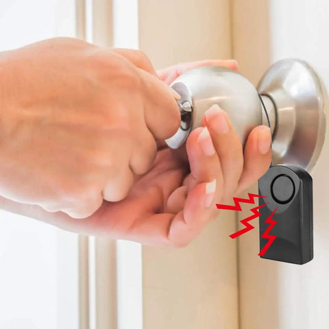 Ultra Loud 120dB Door Sensor Alarm For Home, Travel And Hotels, Touch, Vibration And Magnet Detection For Kids Safety, Luggage, Backpack, And Security, Instant Alerts When Door Opens black sensor on door handle