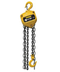 Beefy Half Ton Chain Hoist with Fifteen Foot Chain Fall Dual Pawl Brake System 360 Degree Alloy Steel Hooks visible.