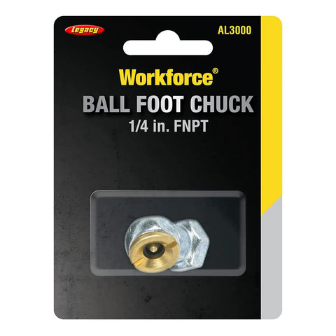 Legacy Ball Foot Air Chuck With Clip One Quarter Inch Female NPT AL3000 in packaging, brass zinc construction