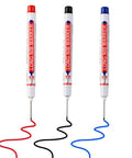 Set Of 3 Deep Hole Marking Pens With Long Extended Nibs For Carpentry And Woodworking Projects Straight Shooter Build That Effortlessly Hits Every Tight Spot Red Black And Blue Ink. Three long nib markers in red, black, and blue.