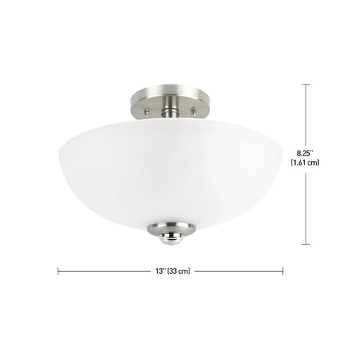 13 Inch Two Light Semi Flush Mount Ceiling Light In Brushed Nickel With Chrome Accents And Frosted Glass Shade Delivers A Warm Diffused Glow For Modern Living Rooms And Hallways. Image showing the light fixture with dimensions.