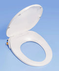 Smooth Non Electric Bidet Toilet Seat Elongated Design With Bamboo Knob open lid showing dual nozzle, perfect fit for small bathrooms.