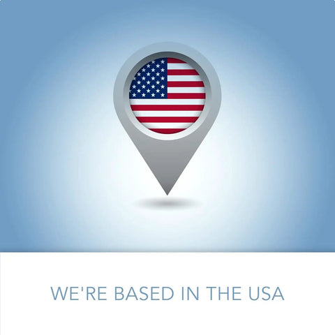 Location pin with USA flag and text 'We're Based in the USA' on blue background.