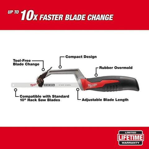 Compact Hand Operated Hack Saw With Tool Free Blade Change For Tight Spaces 10 Inch Blade Included Durable Build Rubber Grip Handle For Comfortable Cuts Easy Flush Cutting And Versatile Use