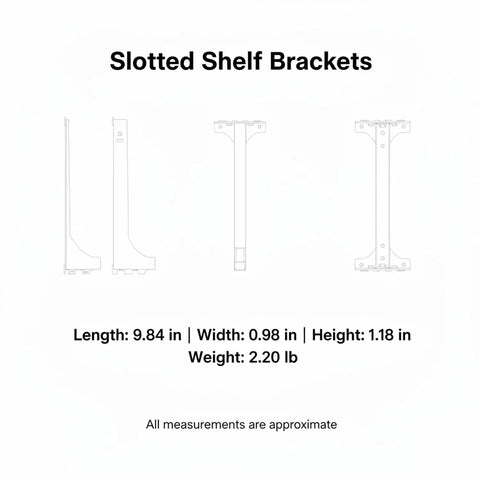 Diagram of White Stainless Steel Slotted Shelf Bracket With Stud Alignment, dimensions 9.84x0.98x1.18 inches.