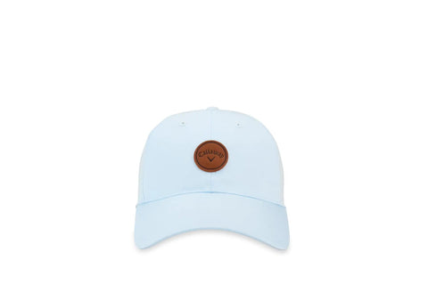 Light blue cap with brown circular logo on front, curved brim, and adjustable back closure.