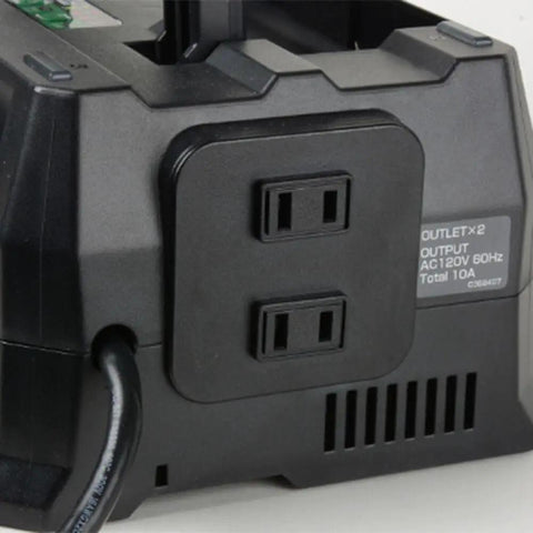 Close-up of 4 Port Pro Grade Battery Charger For 18V And 36V Lithium Ion Tools, showing dual AC outlets, built tough for job sites.