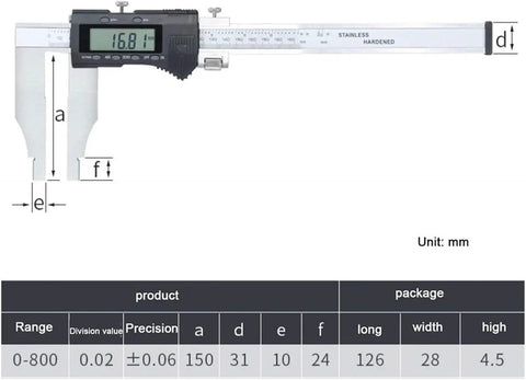Digital Caliper Measuring Tool 0-800mm/31.5 Inch Range showing measurements on LCD and stainless steel structure.