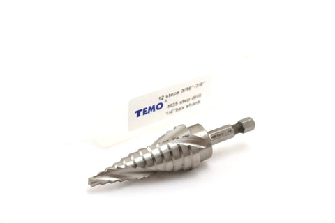 Heavy Duty Cobalt Spiral Flute Step Drill Bit Set with 12 Hole Sizes from 3/16 Inch to 7/8 Inch, 1/4 Inch Hex Shank, TEMO M35 Unibit