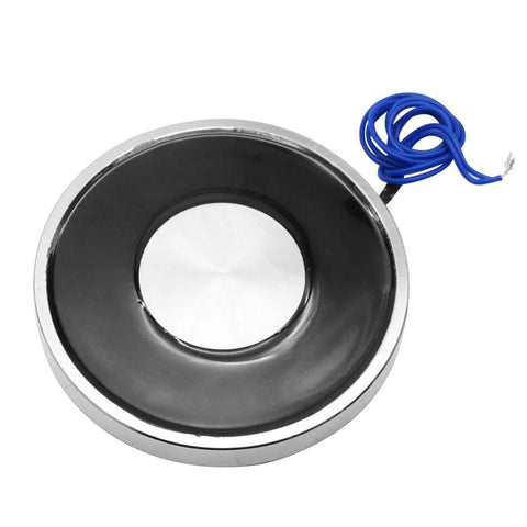 Round 80x10mm 200N 12V lifting electromagnet with blue wiring (front view)