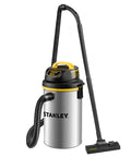 Heavy Duty Wet Dry Vacuum With 4 HP Motor, 4.5 Gallon Stainless Steel Tank, Wall Mountable For Space Saving Cleanup In Home Garage Upholstery And Laundry Rooms, 26 Foot Cleaning Reach, showing vacuum cleaner with hose attached, labeled Stanley.