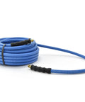 Heavy Duty 3/8 Inch Rubber Air Hose 300 Feet Long 300 PSI Ultra Flexible Pneumatic Tubing displayed coiled with brass fittings.
