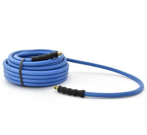 Heavy Duty 3/8 Inch Rubber Air Hose 300 Feet Long 300 PSI Ultra Flexible Pneumatic Tubing displayed coiled with brass fittings.