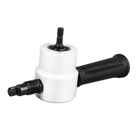 Double Head Sheet Metal Cutter With 360 Degree Rotation Nibbler Drill Attachment showing the handle and drill bit end.