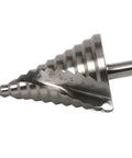 Close-up of Top Shelf HSS Step Drill Bit Set, Spiral Grooved Cone Chuck For Metal And Wood, measuring sizes 6 to 60 MM.