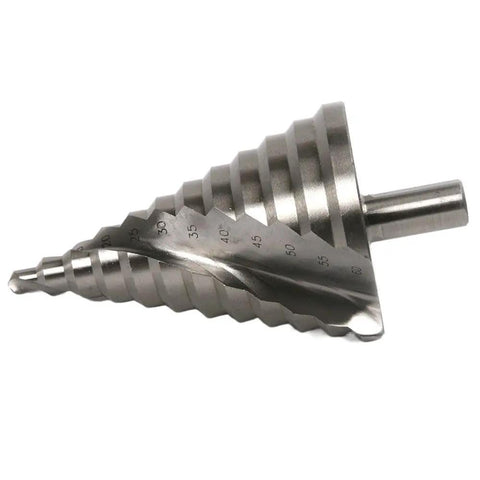 Close-up of Top Shelf HSS Step Drill Bit Set, Spiral Grooved Cone Chuck For Metal And Wood, measuring sizes 6 to 60 MM.