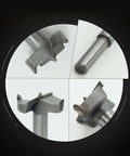 Four-angle views of a Meichoon Forstner 40mm carbide-tipped woodworking drill bit with a round shank