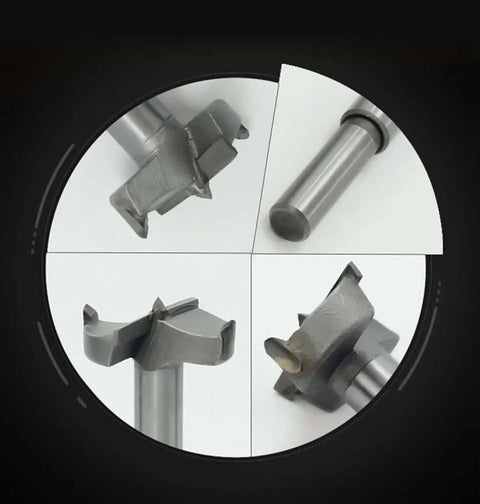 Four-angle views of a Meichoon Forstner 40mm carbide-tipped woodworking drill bit with a round shank