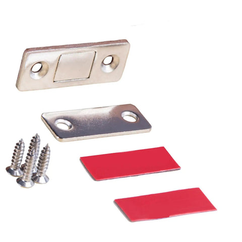 Super Sleek No Damage Cabinet Door Catches With Screws for Wardrobe And Drawer, silver metal catches and screws.