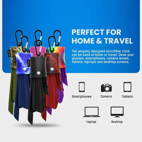 Front view: Purgenic six-pack microfiber cleaning cloths with carabiner clips in assorted colors for glasses and cameras