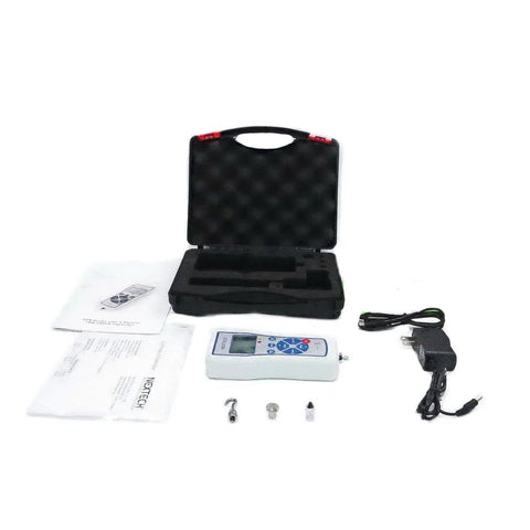 Rugged Digital Force Gauge 1000N Push Pull Tester With Peak And Track Modes Inverted Backlit Graphic LCD Pass Fail LED USB Output Data Download Ready 0.2 Percent Of Full Scale Accuracy Metal Enclosure For Heavy Duty Use kit with case, manual, charger