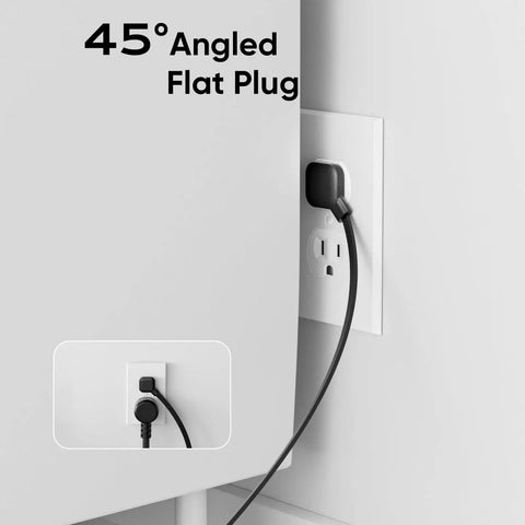 45-degree angled flat plug of the 8 In 1 Desk Clamp Power Strip With USB-C PD 20W Fast Charging, Plug And Play, mounted to an outlet.