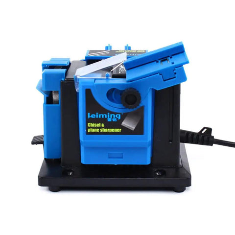 Rugged 65 Watt Electric Multitask Sharpener Fixes Drill Bits Chisels Scissors And Planer Knives with blue plastic body and solid base.