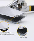 Hand seamer with 6in straight-jaw sheet metal bender ergonomic handle; silver metal, 1/4-inch notches, non-slip lines