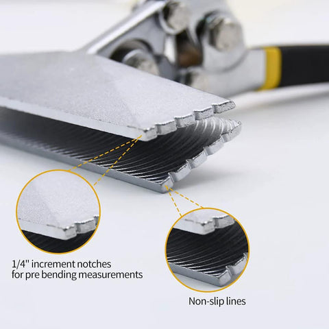 Hand seamer with 6in straight-jaw sheet metal bender ergonomic handle; silver metal, 1/4-inch notches, non-slip lines