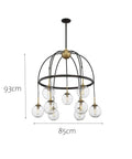 Sick Industrial Pendant Light, Round Glass Globe Hanging Lamp, Nine Light Retro Ceiling Fixture, 85cm wide, 93cm high.