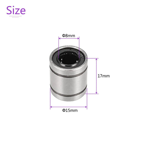Premium LM8SUU Linear Ball Bearings With Exact 8mm Bore And 15 mm Outer Diameter showing dimensions of 8mm bore and 15mm outer diameter.
