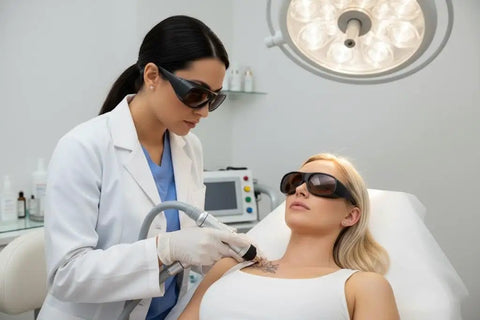 Heavy Duty Laser Safety Glasses For Tattoo Removal showing OD5 Plus protection in use during a tattoo removal procedure.