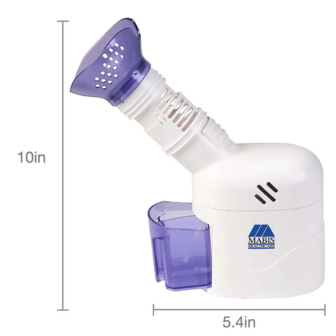Home Spa Facial Steamer With Aromatherapy Diffuser And Soft Face Mask, side view, white and purple design with dimensions shown