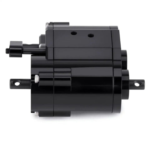 Kick Up Some Dust With This Badass Dual Speed Transfer Case Gearbox Featuring A Rock Solid Aluminum Build And Selectable Torque Ratios For Nasty Terrain Rc Crawling Rides, side view of black aluminum gearbox.