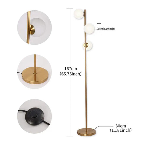 Three Globe Brushed Brass Floor Lamp, Modern LED Standing Light dimensions and detail, frosted globes, slim profile, on-off switch
