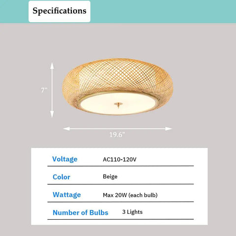 Diagram of Handwoven Rattan Flush Mount Ceiling Light With Three E26 Bulbs In Dope Boho Style For Bedroom Entryway And Foyer 15 Inch Drum Lamp Specifications