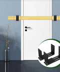 Adjustable Door Barricade Brackets For Inswing And Outswing Doors shown installed on a door with a wooden bar.