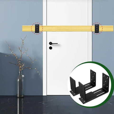 Adjustable Door Barricade Brackets For Inswing And Outswing Doors shown installed on a door with a wooden bar.