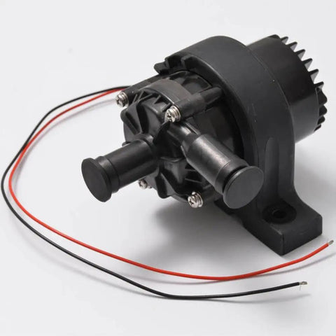 Compact Pwm Water Pump 12 Volt Electric Coolant Circulator For No Sweat Engine Bay Cooling And Beefy Thermal Regulation In Cars And Evs With Smart Temp Sync And Easy Mount, showing black motor with wires.