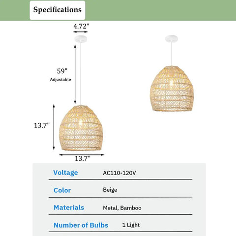 Specifications of Beige Bamboo Pendant Light Fixture Boho Style With Rattan Wrapped Shade Hanging Lamp, 13.7 inches, adjustable cord.