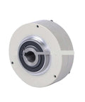 12Nm 24V Tension Controller Hollow Shaft Magnetic Powder Brake in white casing, front view for industrial machinery and conveyors.
