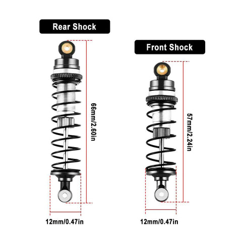Diagram of Beefed-Up Front And Rear Aluminum Alloy RC Shock Set for 1/16 Mini-B and 1/18 Mini-T 2.0 LOS314004, showing sizes.