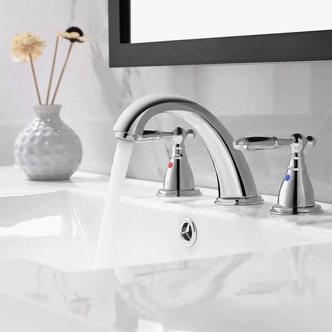 Chrome 8 Inch Widespread Bathroom Faucet With Metal Pop Up Drain Lead Free 3 Hole Lavatory Faucet For Sink Vanity Use WF0084C