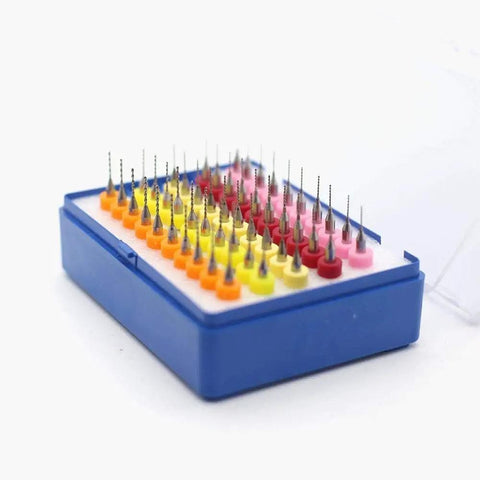 Carbide PCB Engraving Drill Bits Set for CNC Router Wood and Metal Cutting, 0.5mm to 1.2mm Micro Engraving Bits, 50-Piece Kit in blue box